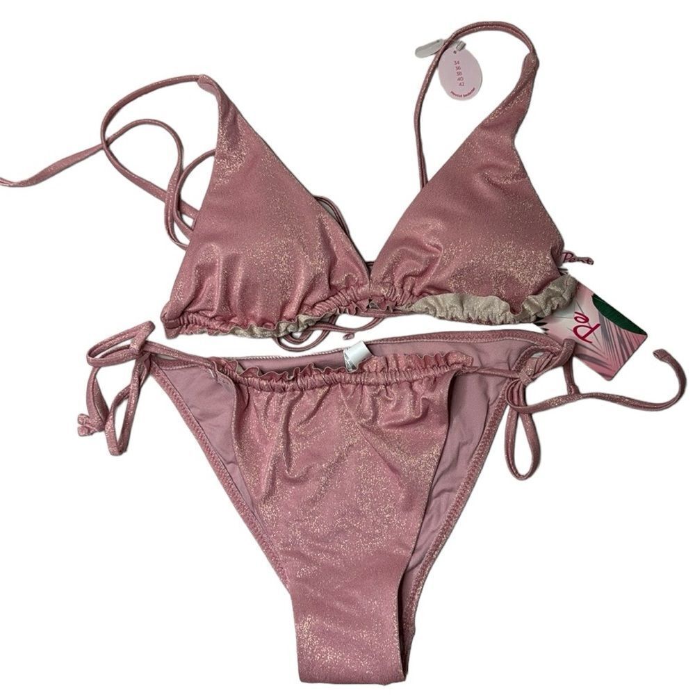 Penti Pink Shimmer Ruffle String Bikini. New. Size 36 top and size 40 bottom.
